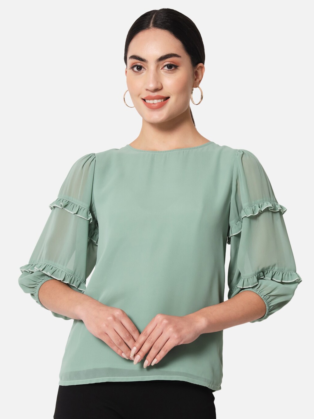 

BAESD Puff Sleeves Ruffles Regular Top, Green