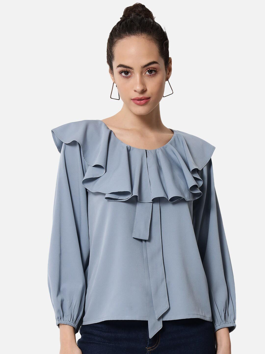 

BAESD Puff Sleeves Ruffles Detail Top, Blue