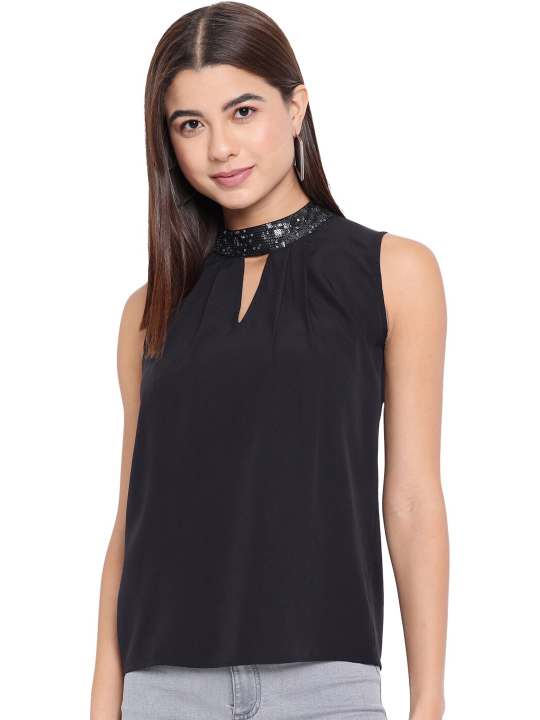 

BAESD Jewel Neck Sequined Detail Top, Black