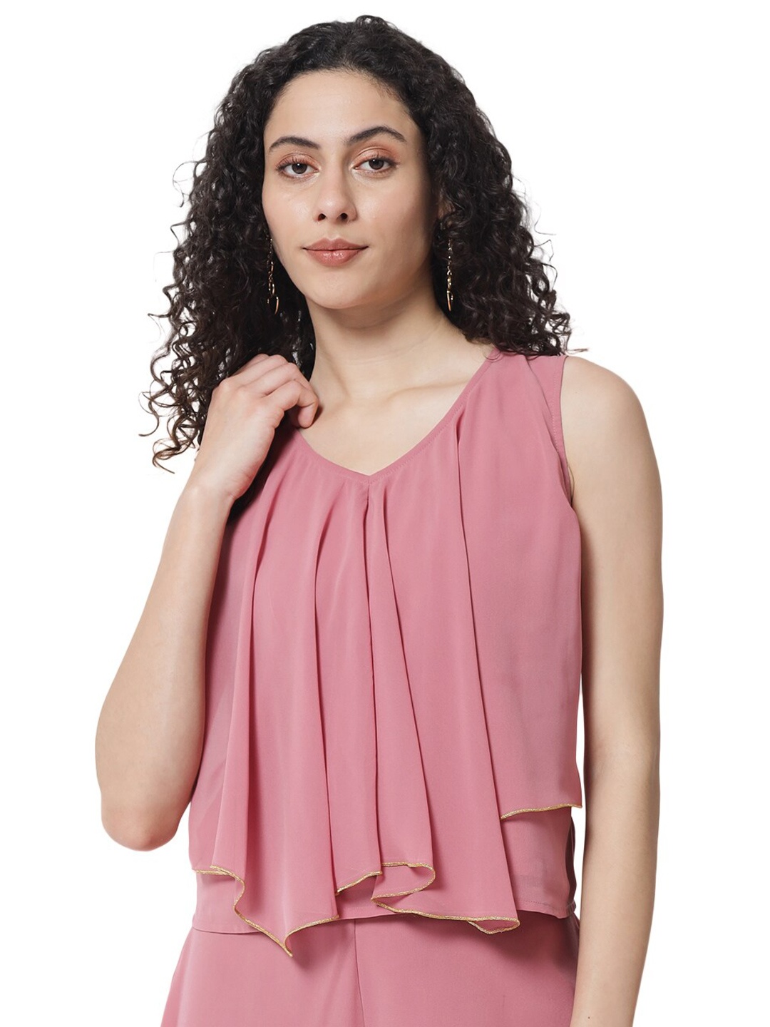 

BAESD V-Neck Sleeveless Gathered Regular Top, Pink