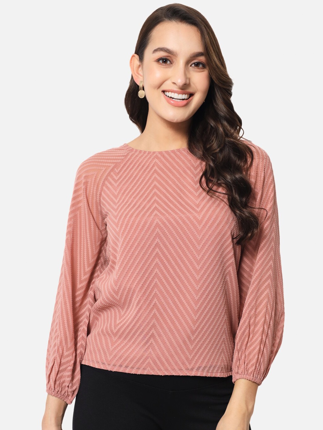 

BAESD Self Design Puff Sleeves Georgette Top, Brown