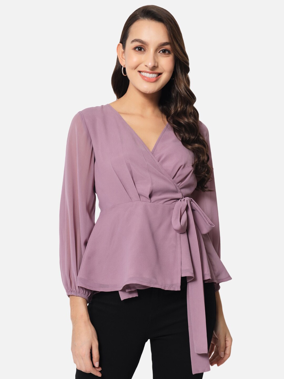 

BAESD V-Neck Waist Tie-Ups Wrap Regular Top, Purple