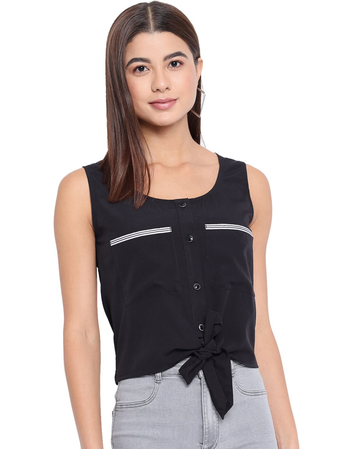 

BAESD Sleeveless Tie-Up Detailed Shirt Style Top, Black