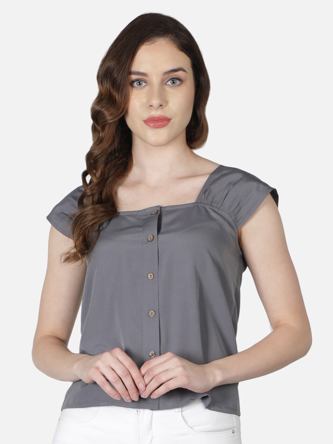 

BAESD Square Neck Cap Sleeves Crepe Top, Grey