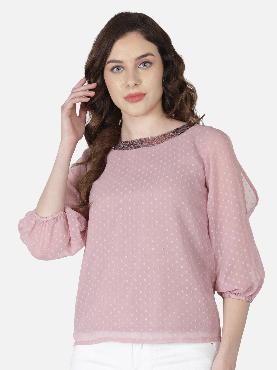 

BAESD Self Design Puff Sleeves Sequined Detail Top, Pink