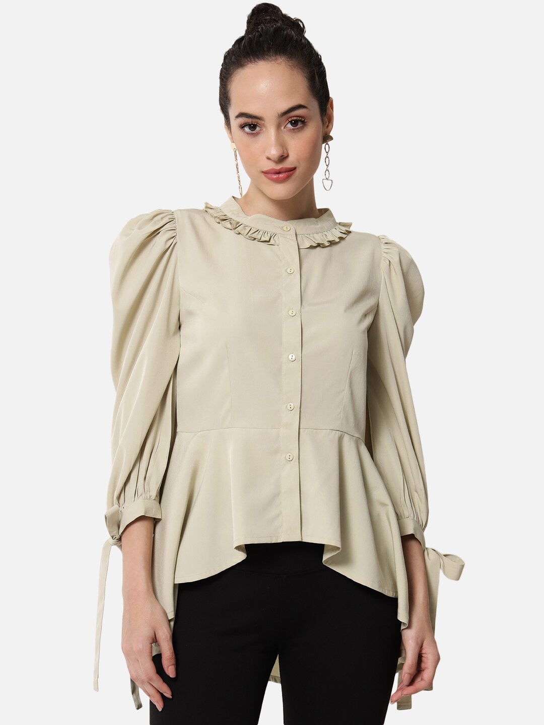 

BAESD Band Collar High Low Ruffles Shirt Style Top, Beige