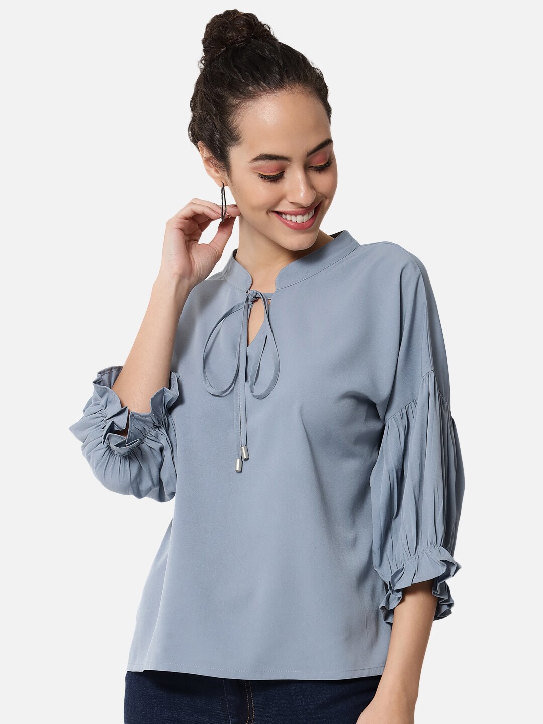 

BAESD Blue Tie-Up Neck Accordion Pleated Puff Sleeves Top