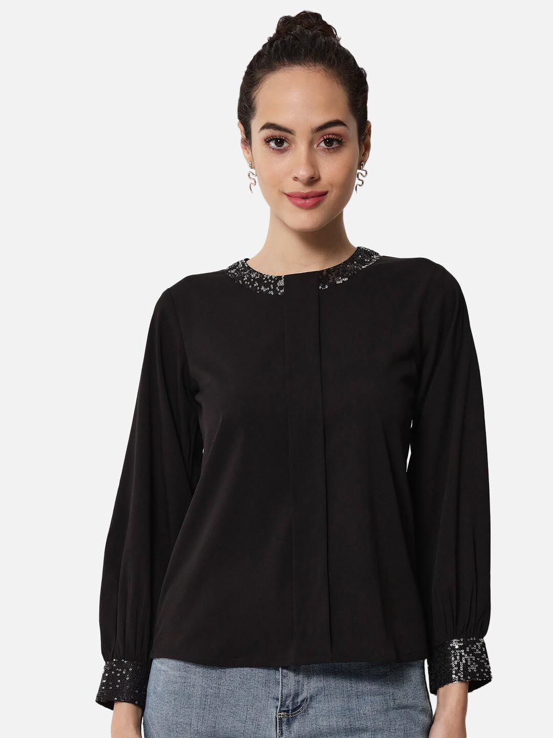 

BAESD Sequinned Jewel Neck Crepe Top, Black