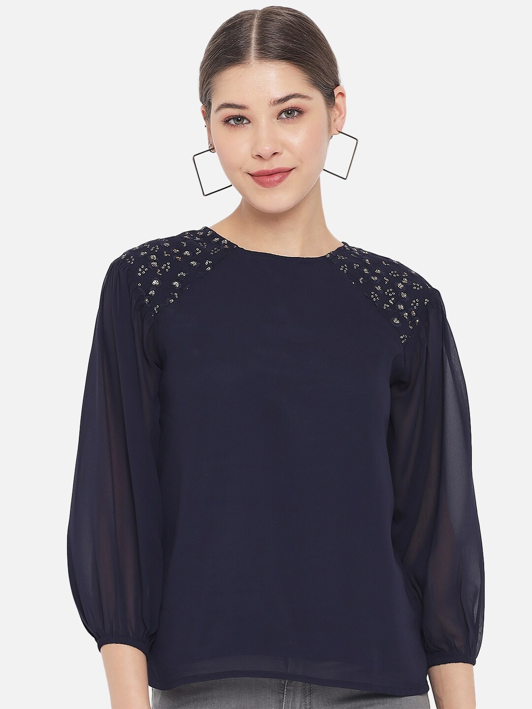 

BAESD Round Neck Embellished Georgette Top, Navy blue