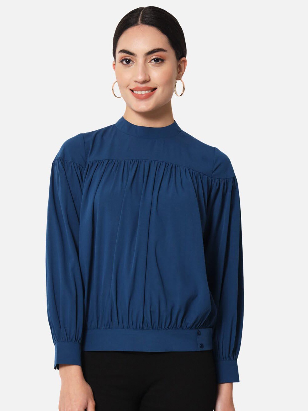 

BAESD High Neck Cuffed Sleeves Pleated Blouson Top, Blue