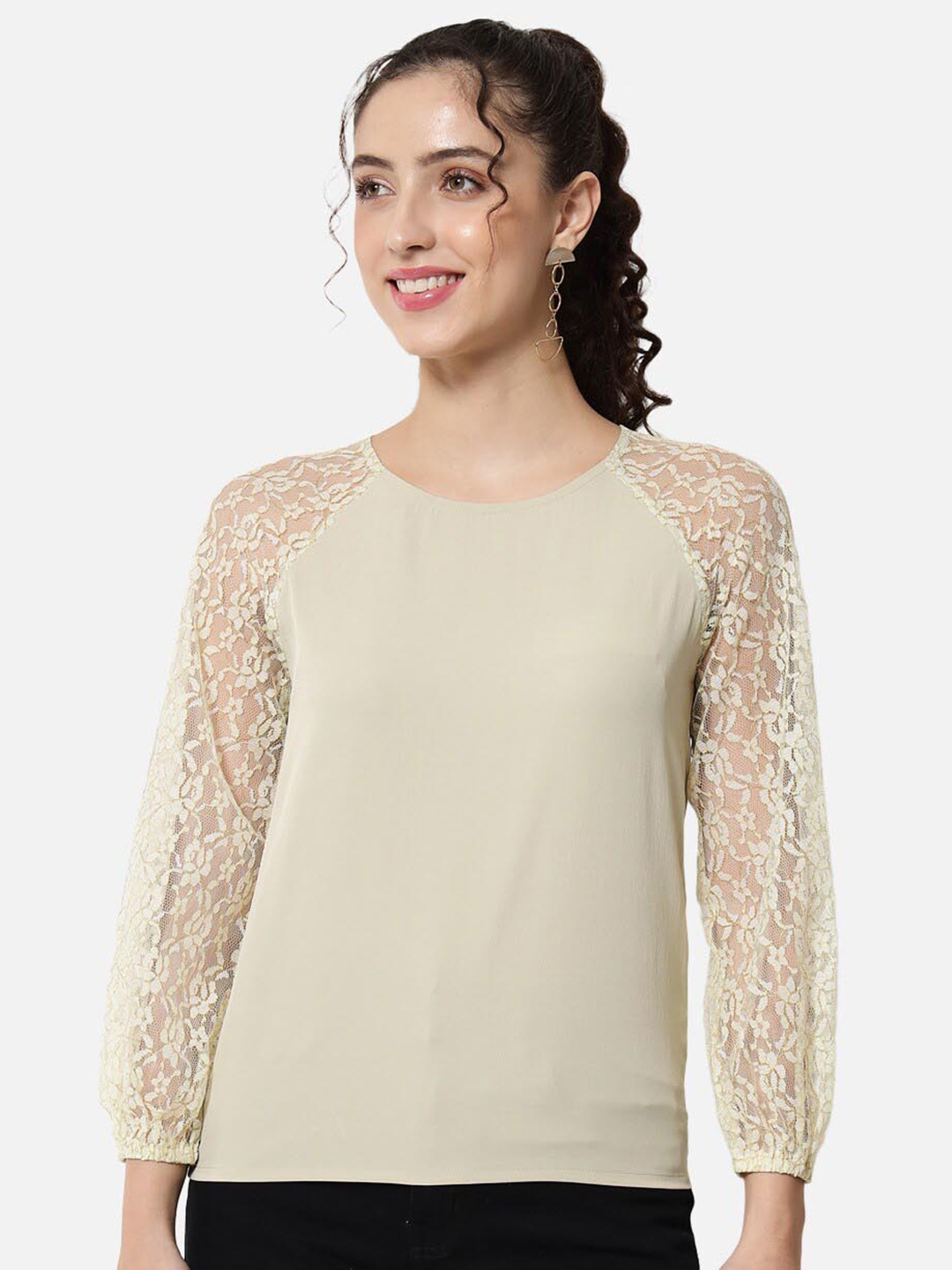 

BAESD Round Neck Raglan Sleeves Lace Up Top, Beige