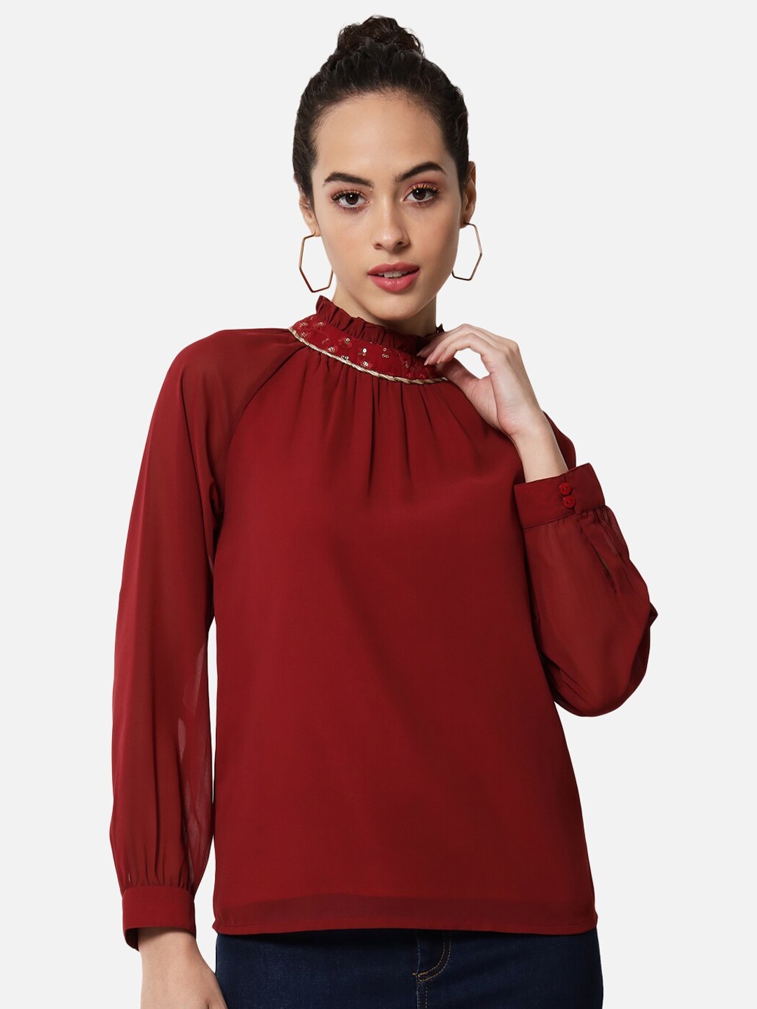 

BAESD High Neck Cuffed Sleeves Top, Red