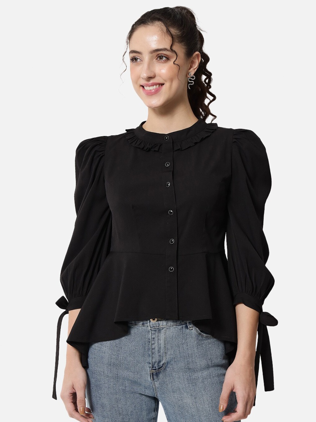 

BAESD Band Collar High Low Ruffles Shirt Style Top, Black