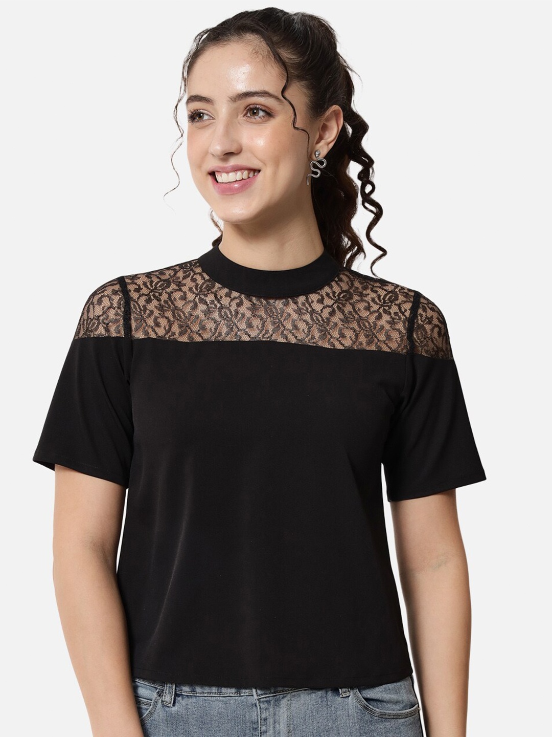 

BAESD Self Design High Neck Regular Top, Black