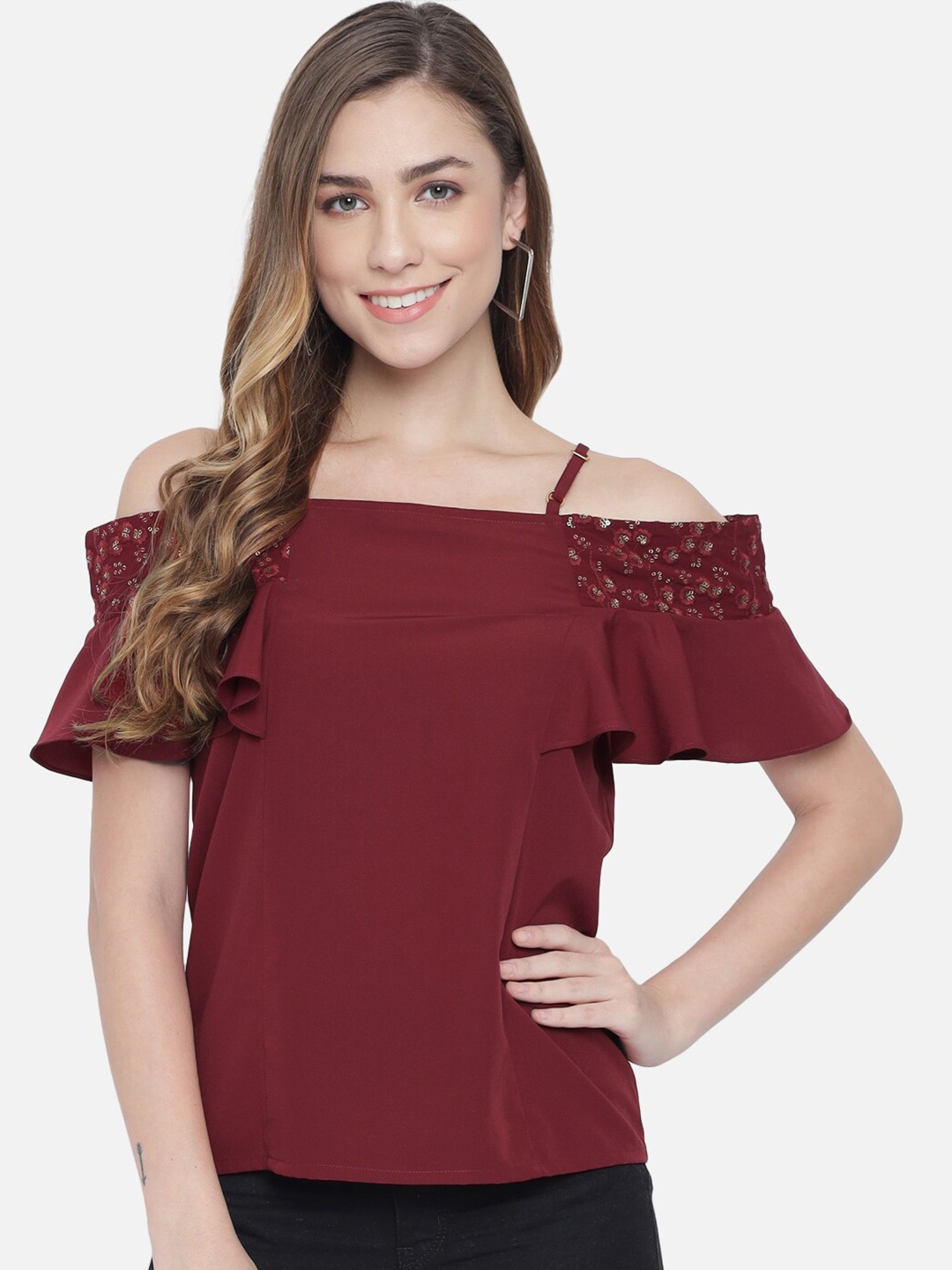 

BAESD Cold-Shoulder Sleeves Sequined Crepe Top, Maroon