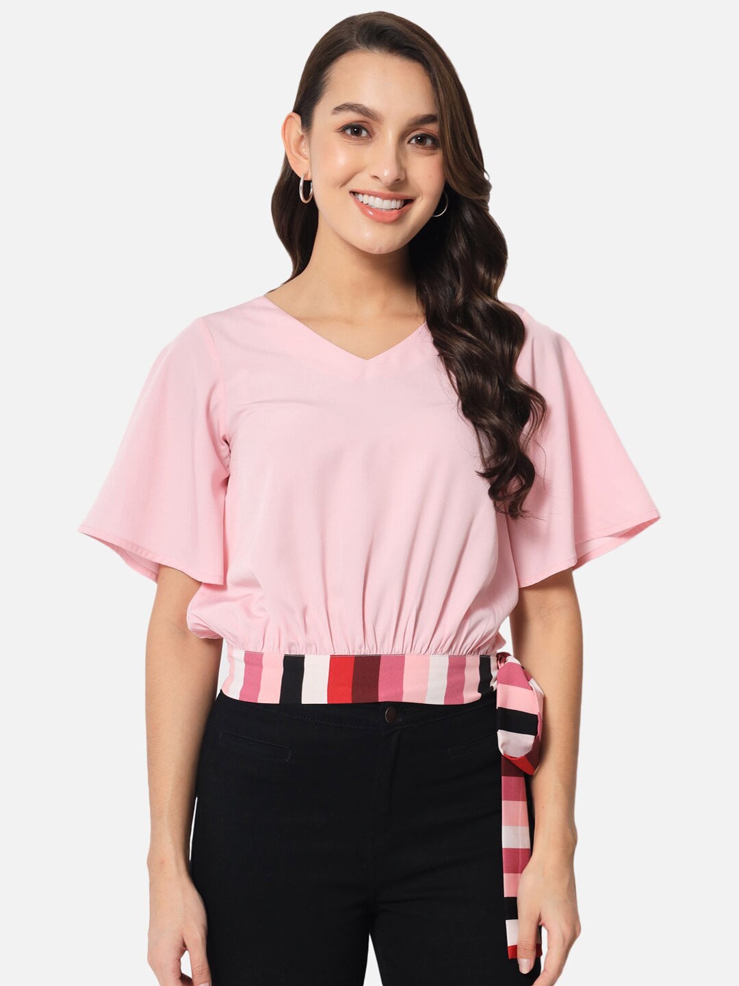 

BAESD V-Neck Flared Sleeve Tie-Ups Detail Blouson Top, Pink