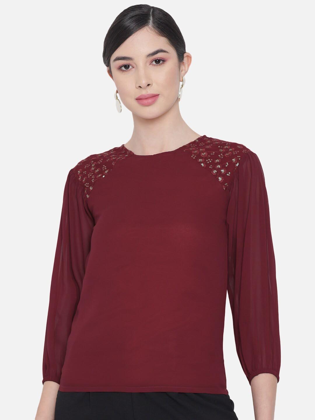 

BAESD Embellished Puff Sleeves Georgette Top, Maroon