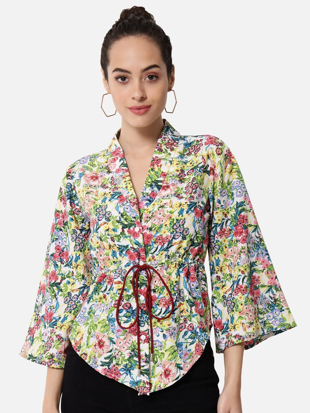 

BAESD Floral Printed V-Neck Flared Sleeves Cinched Waist Top, Yellow