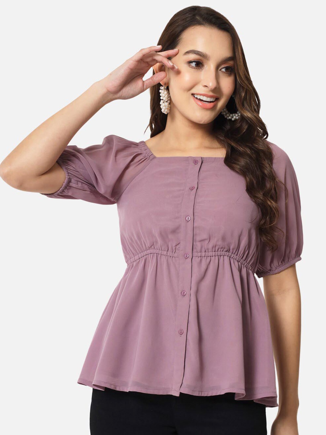 

BAESD Square Neck Puff Sleeve Cinched Waist Top, Purple