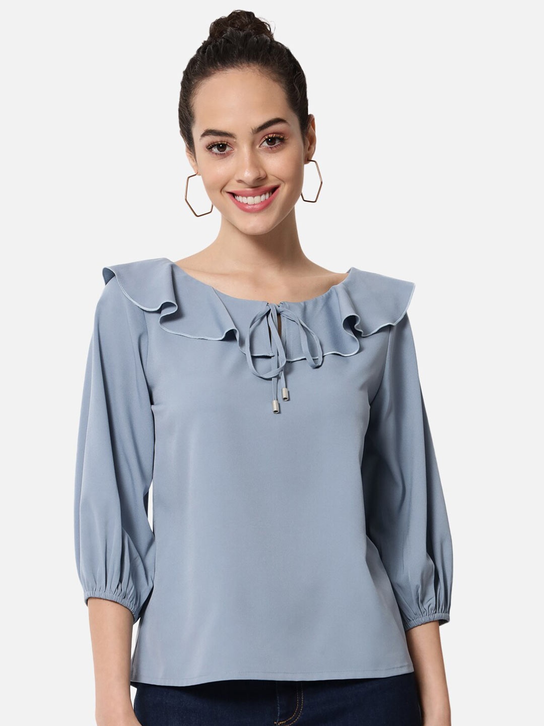 

BAESD Tie-Up Neck Ruffles Top, Blue