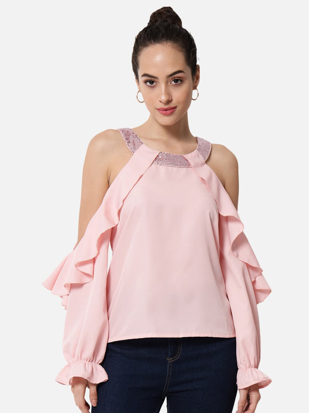 

BAESD Cold-Shoulder Sleeves Sequined Crepe Top, Pink