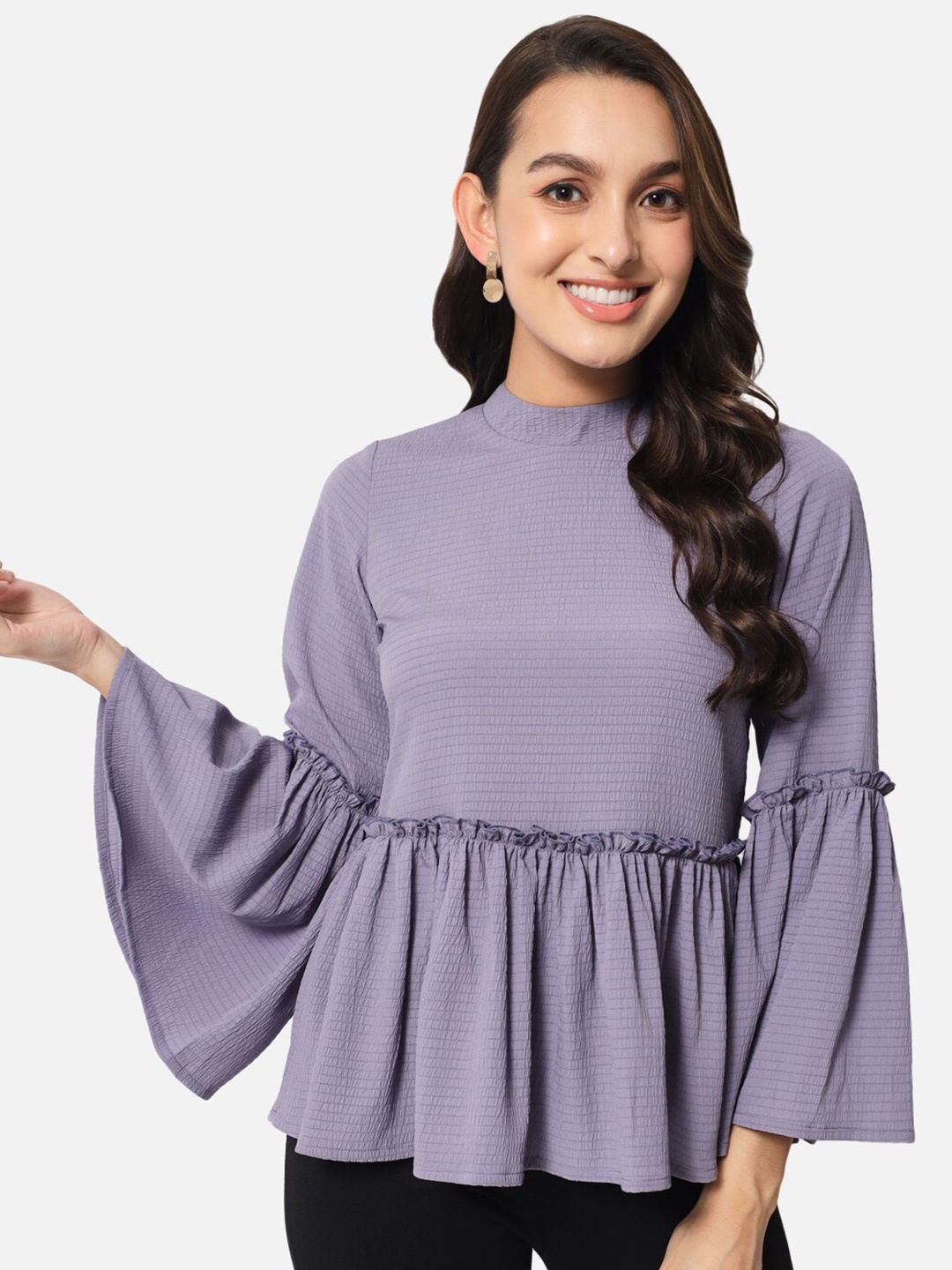 

BAESD Self Design High Neck Bell Sleeve Peplum Top, Purple