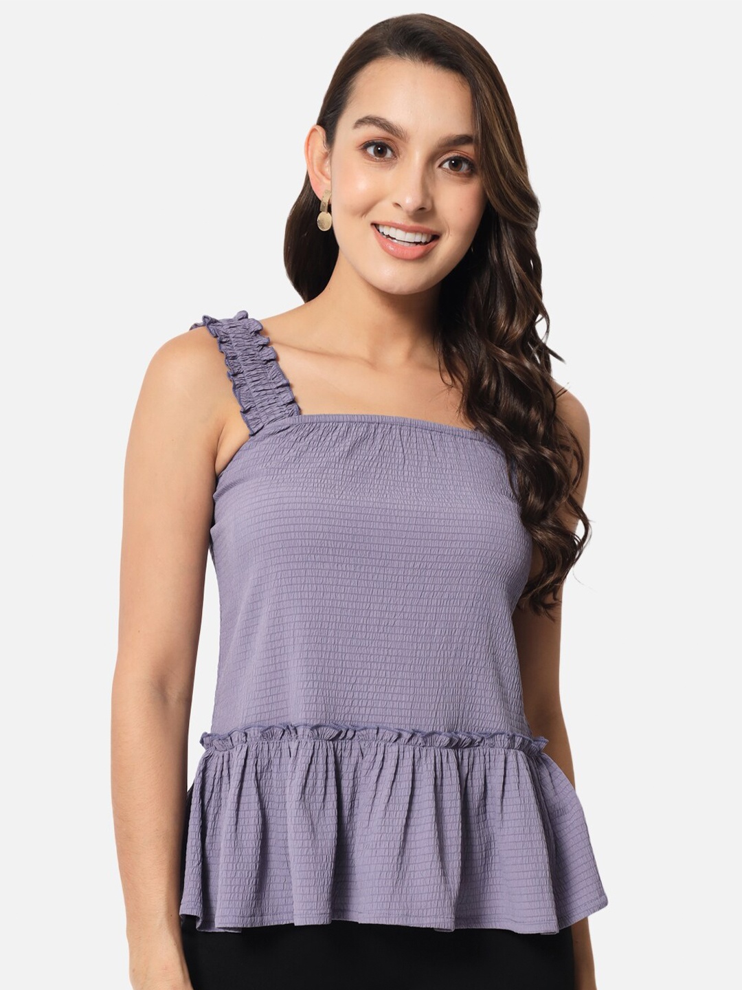 

BAESD Self Design Shoulder Straps Gathered Detail Peplum Top, Purple