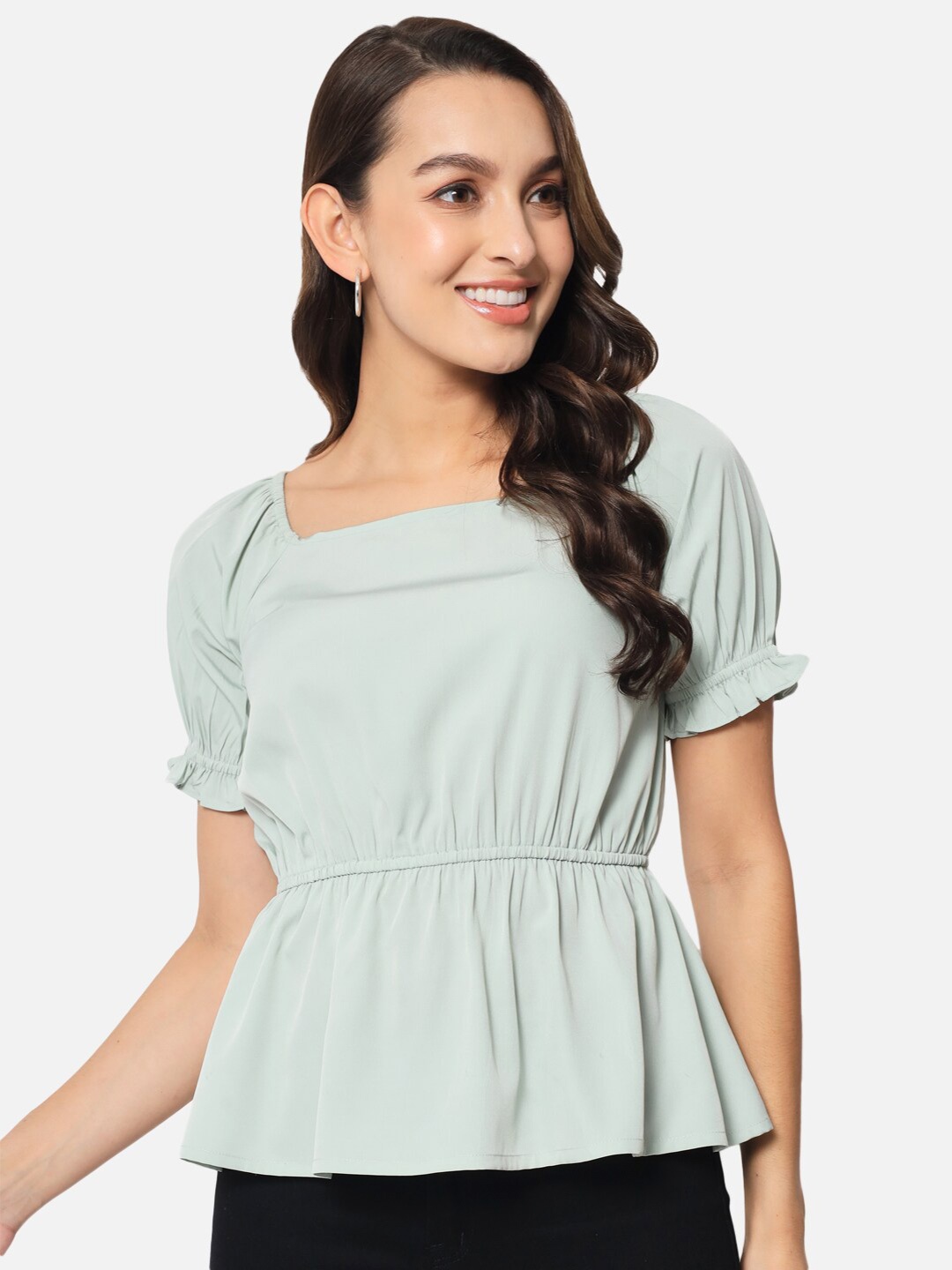 

BAESDSquare Neck Puff Sleeve Cinched Waist Top, Green
