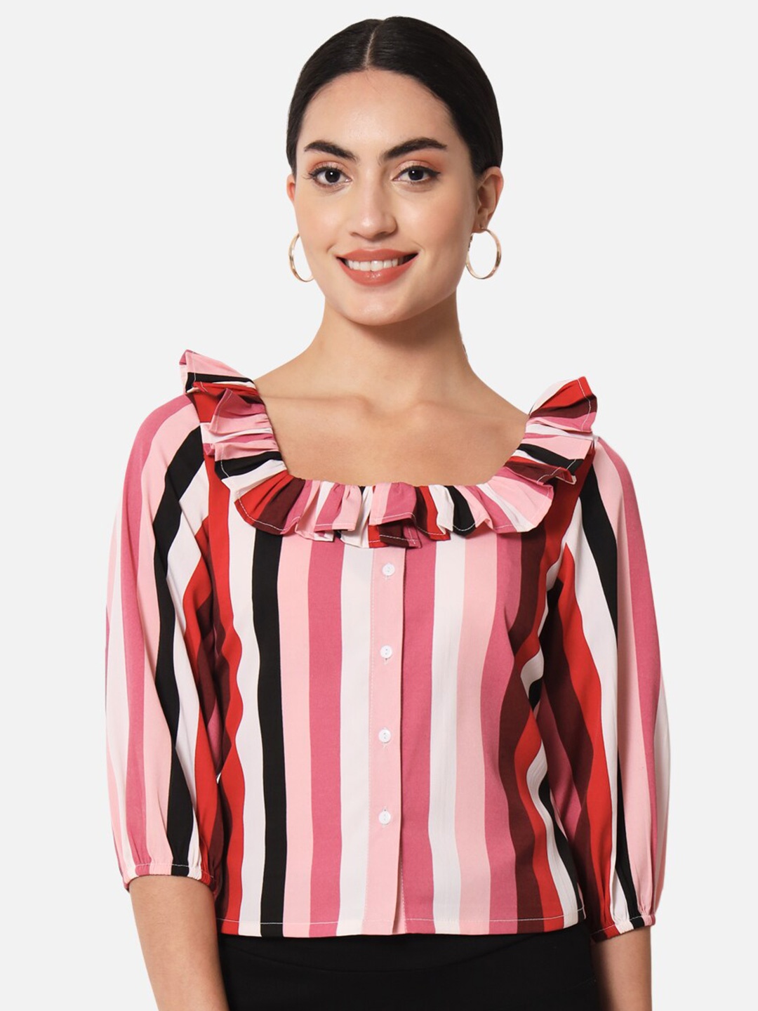 

BAESD Striped Square Neck Ruffles Shirt Style Top, Pink