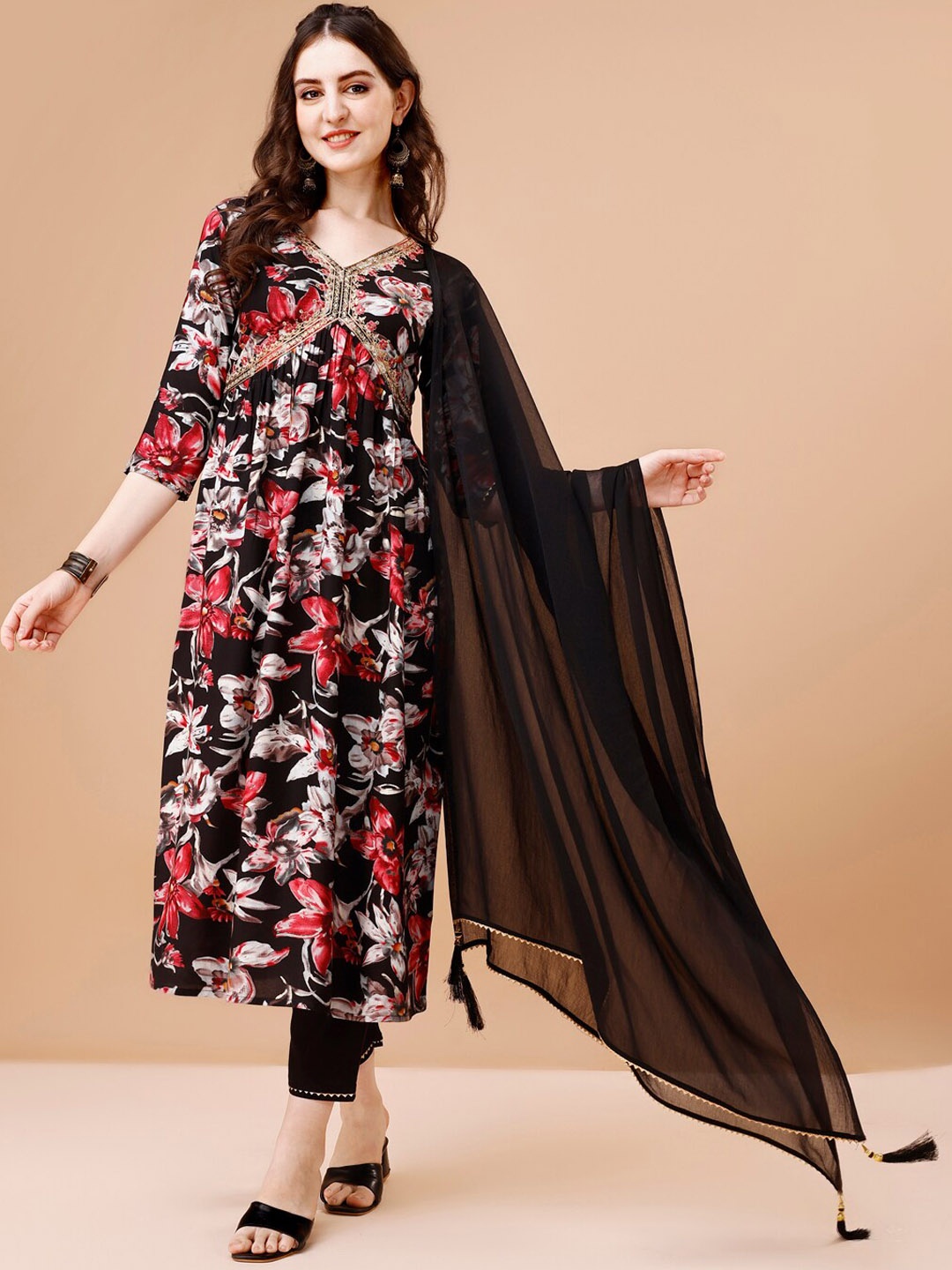 

KALINI Floral Printed V-Neck Thread Work Kurta with Trousers & Dupatta, Black