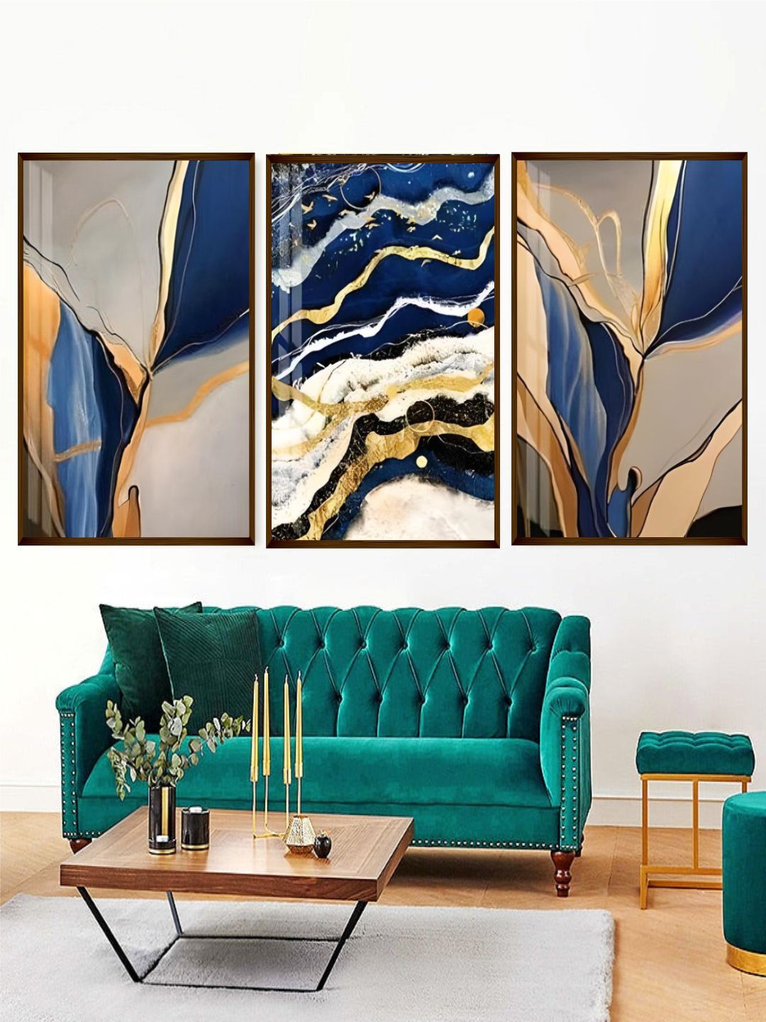 

The Art House Blue & Grey 3 Pieces Abstract Painting Wooden Frame Wall Arts