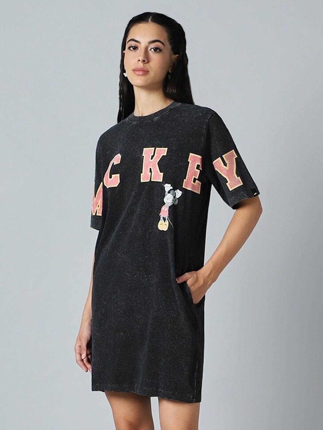 

Bewakoof Black Mickey Mouse Printed Round Neck Short Sleeves Cotton T-shirt Dress