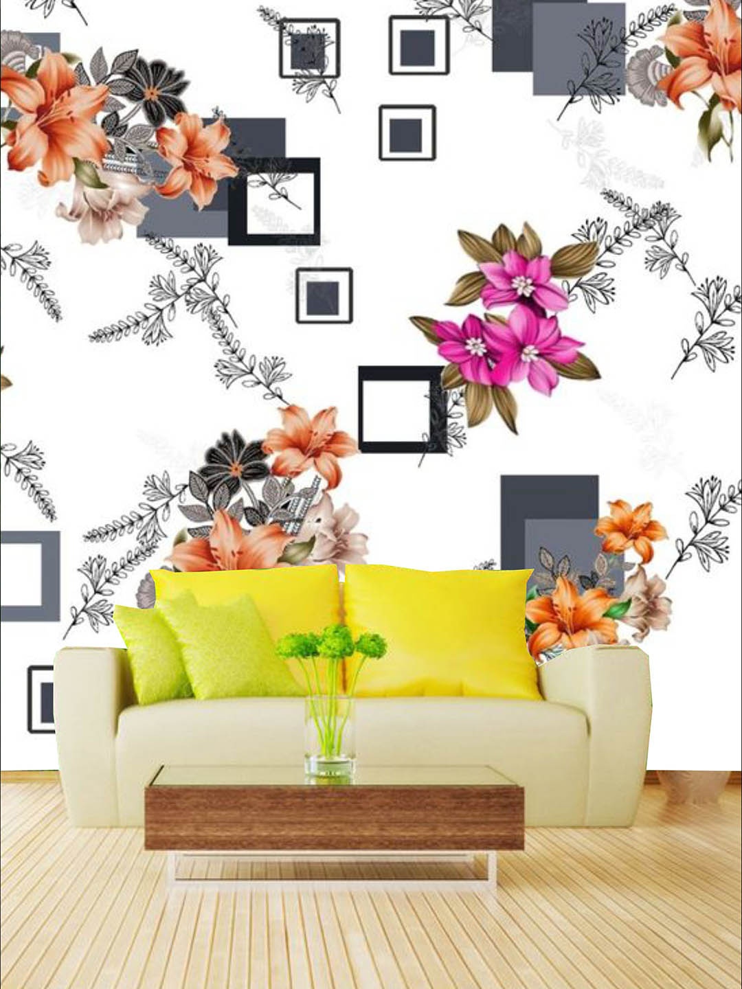 

KSHIRSA White & Orange Floral Self Adhesive Removable & Waterproof Wallpaper