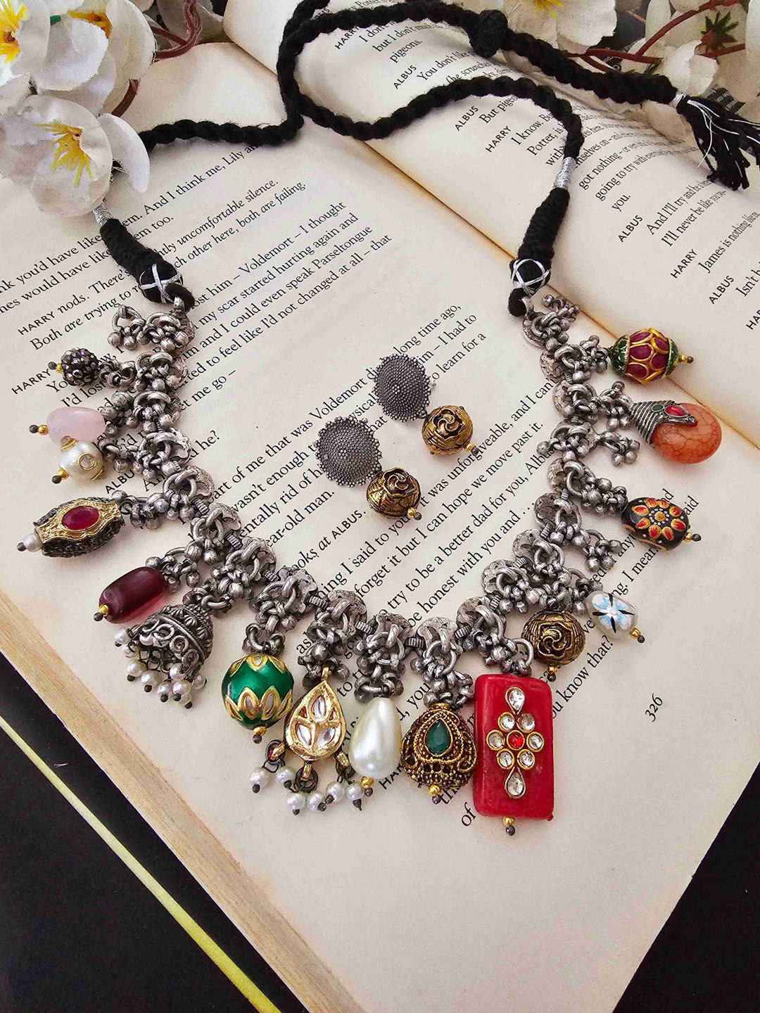 

Binnis Wardrobe Silver-Plated Beaded Stone-Studded Jewellery Set