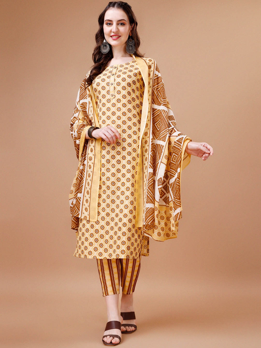

KALINI Floral Printed Pure Cotton Regular Kurta With Trousers & Dupatta, Yellow