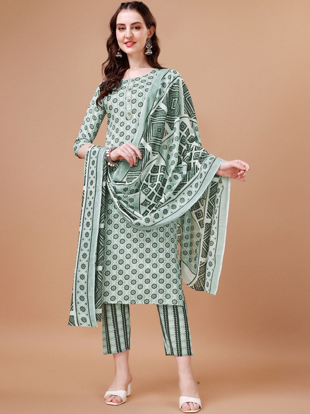

KALINI Floral Printed Pure Cotton Regular Kurta With Trousers & Dupatta, Green
