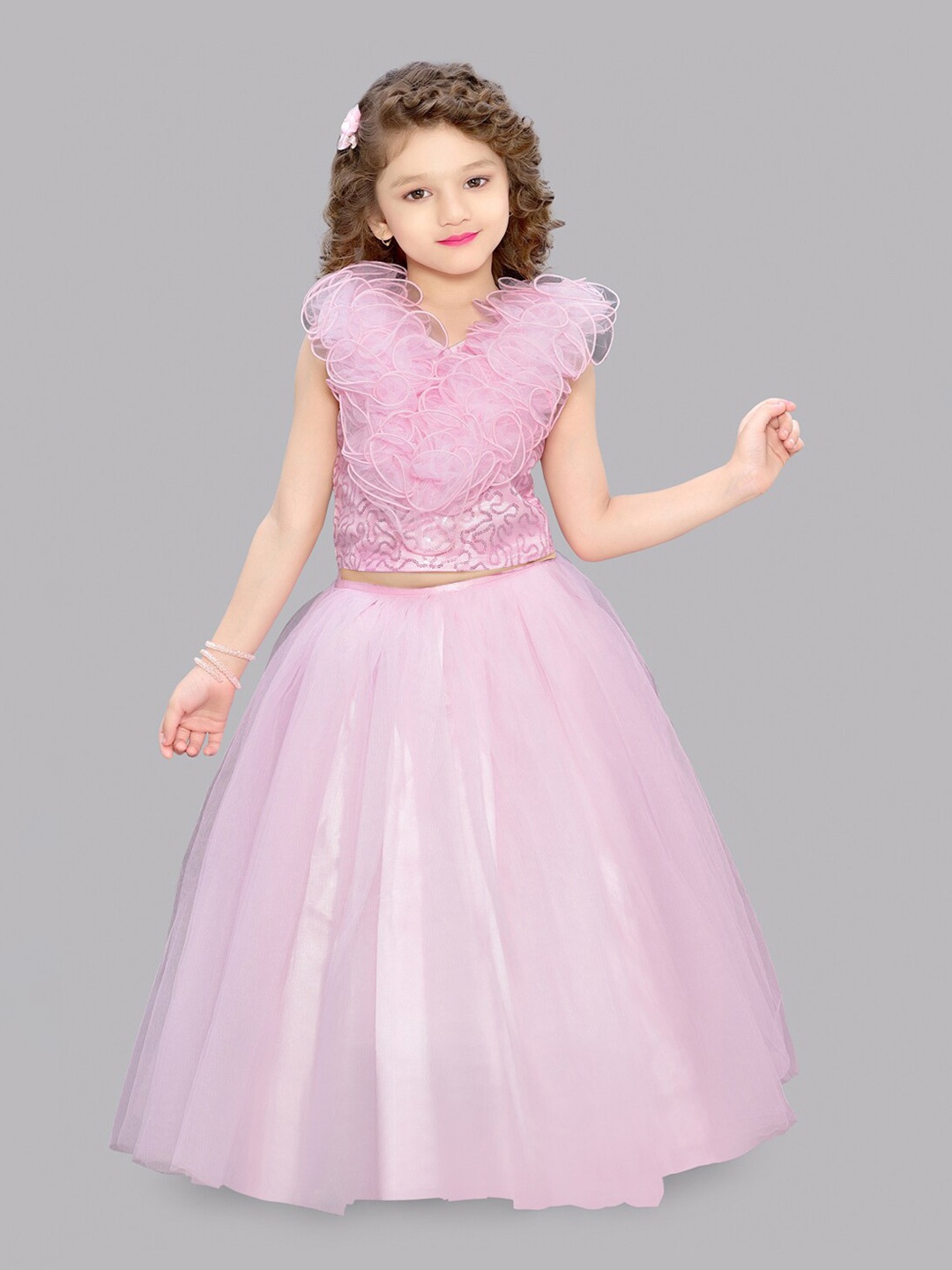 

Pink Chick Girls Embellished V-Neck Crop Top with Skirt