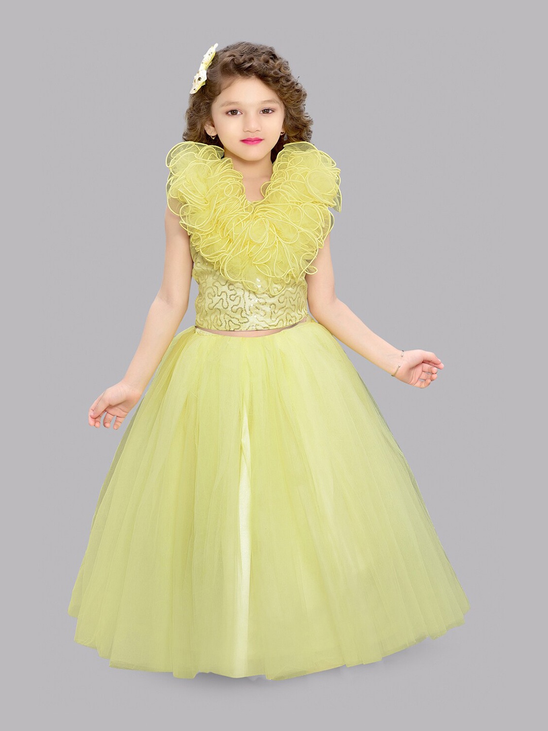 

Pink Chick Girls Embellished V-Neck Crop Top with Skirt, Yellow