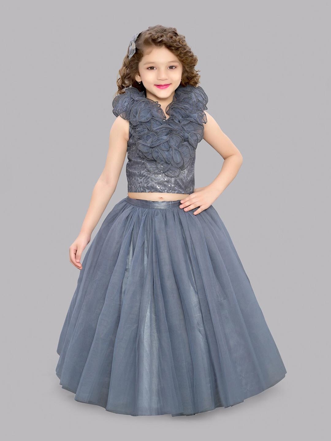 

Pink Chick Girls Embellished V-Neck Ruffles Detail Clothing Set, Grey