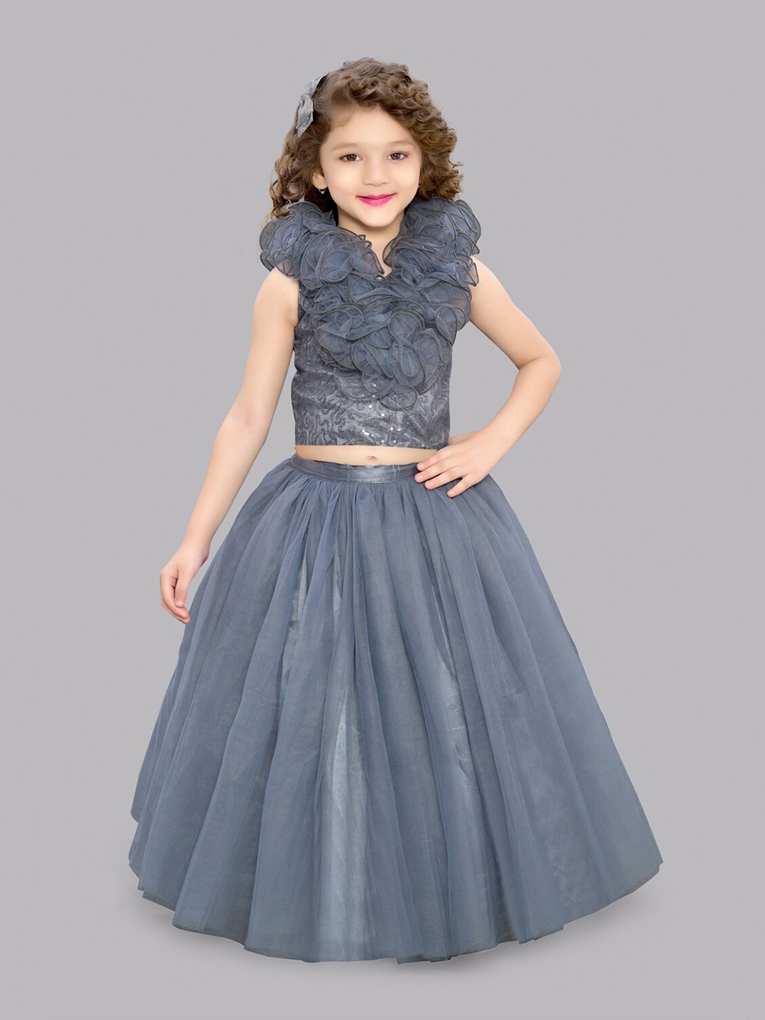 

Pink Chick Girls Embellished Ruffles Top with Skirt, Grey