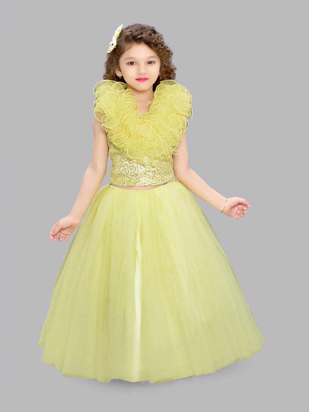 

Pink Chick Girls Embellished Ruffles Top with Skirt, Yellow