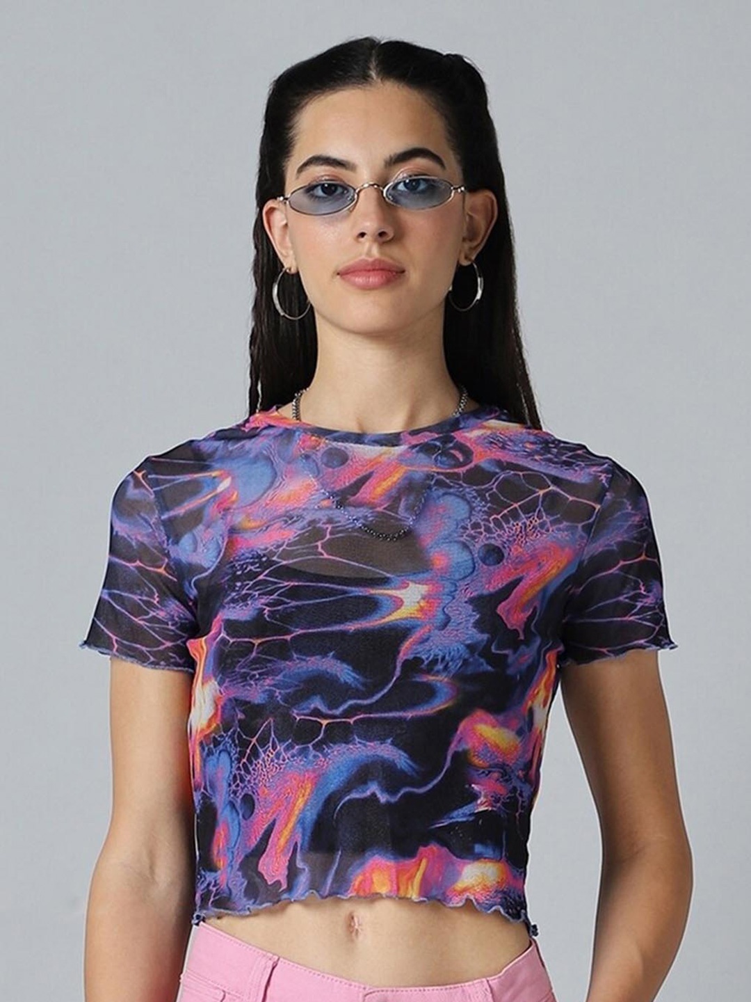 

Bewakoof Air 1.0 Women All Over Printed Slim Fit Short Top, Blue