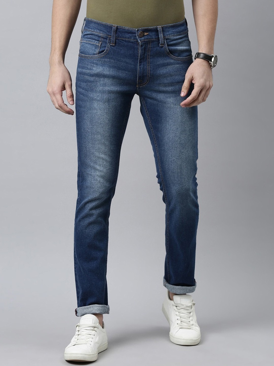 

American Bull Men Mid Rise Skinny Fit Clean Look Light Fade Stretchable Jeans, Blue