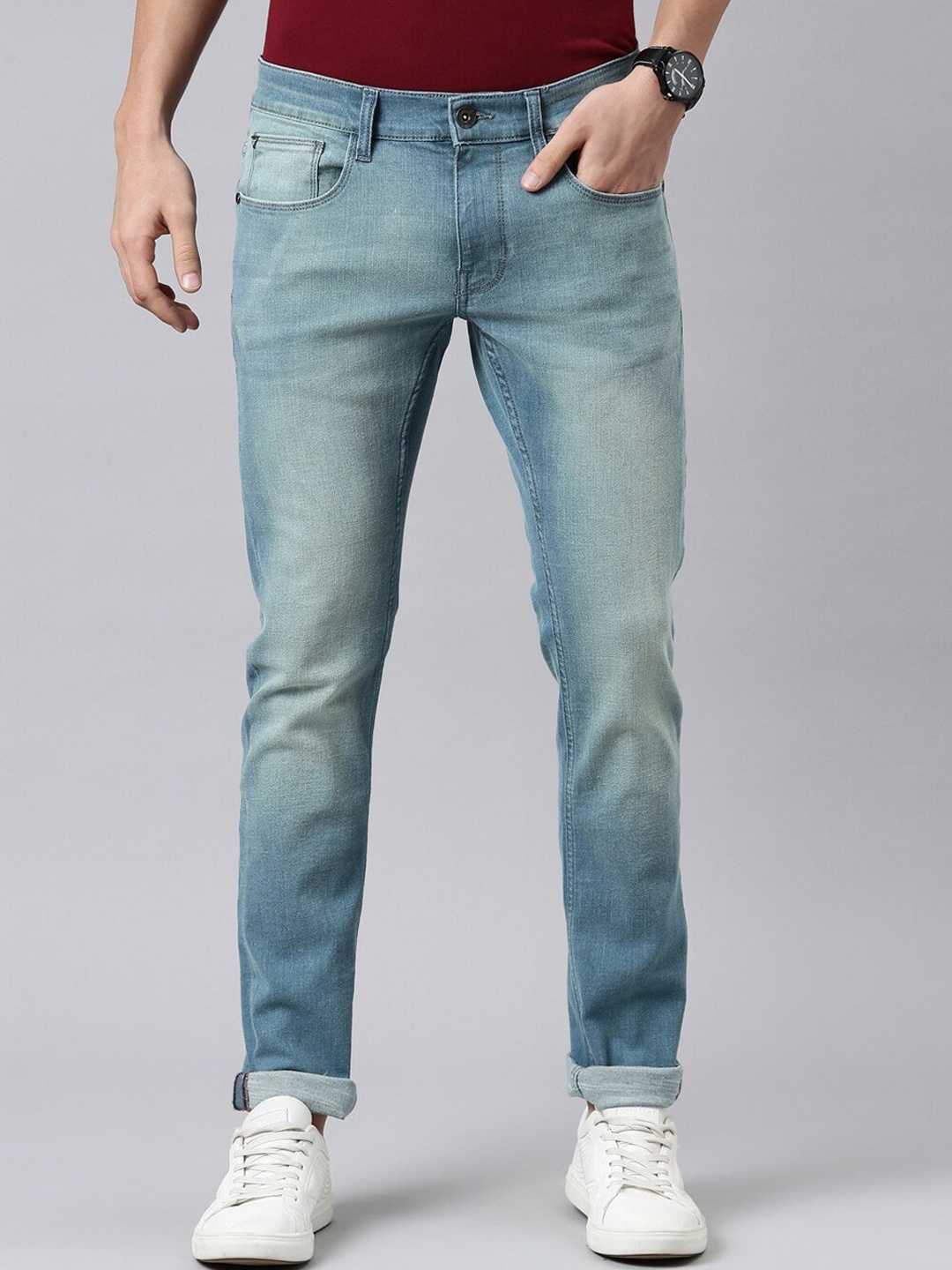 

American Bull Men Mid Rise Skinny Fit Clean Look Light Fade Jeans, Blue