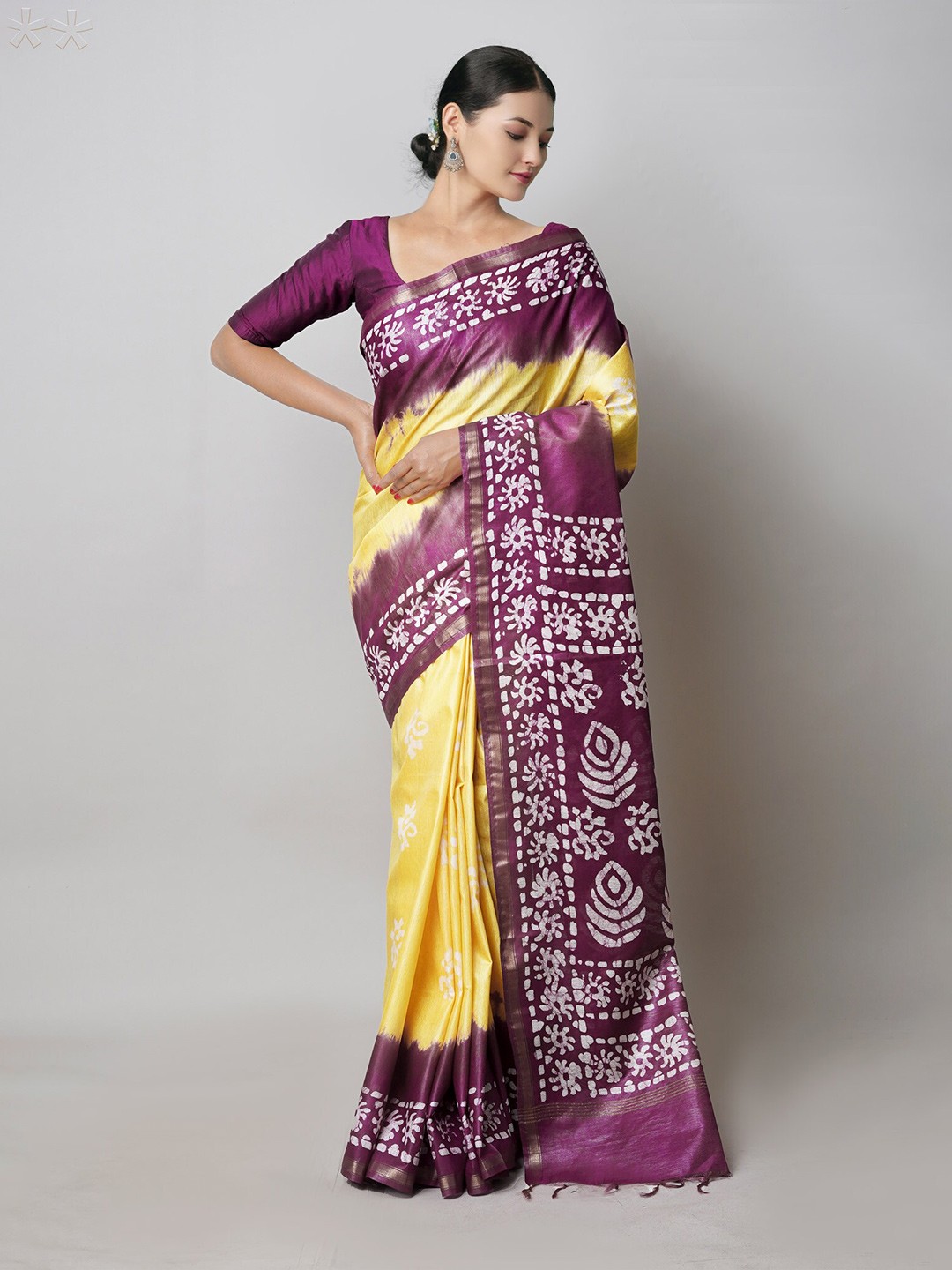 

Unnati Silks Batik Printed Zari Silk Cotton Chanderi Saree, Yellow