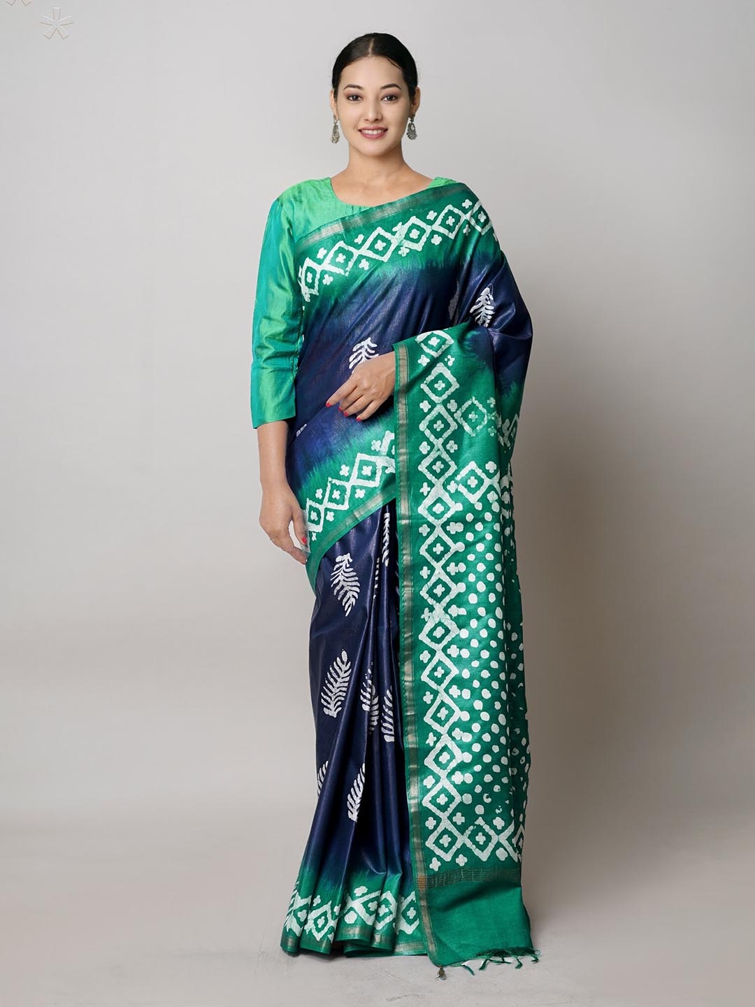 

Unnati Silks Batik Printed Zari Silk Cotton Chanderi Saree, Navy blue