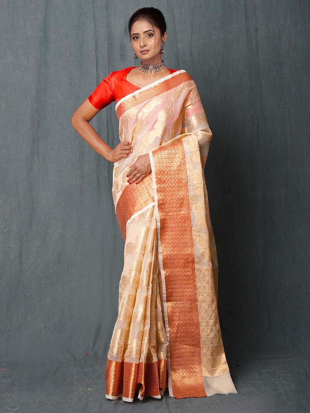 

Unnati Silks Ethnic Motifs Woven Design Silk Cotton Kota Saree, Off white