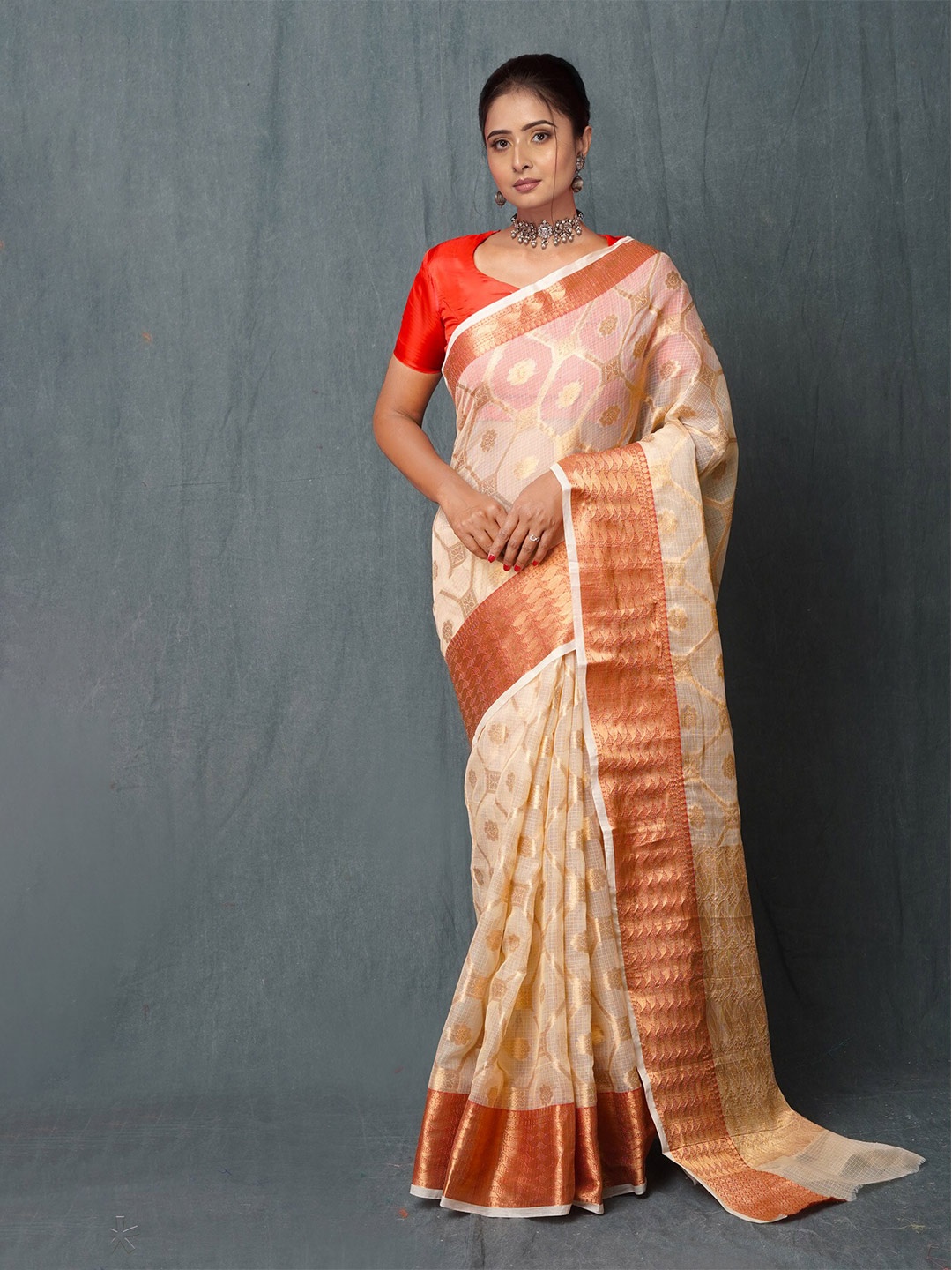 

Unnati Silks Ethnic Motifs Woven Design Zari Kota Saree, Off white