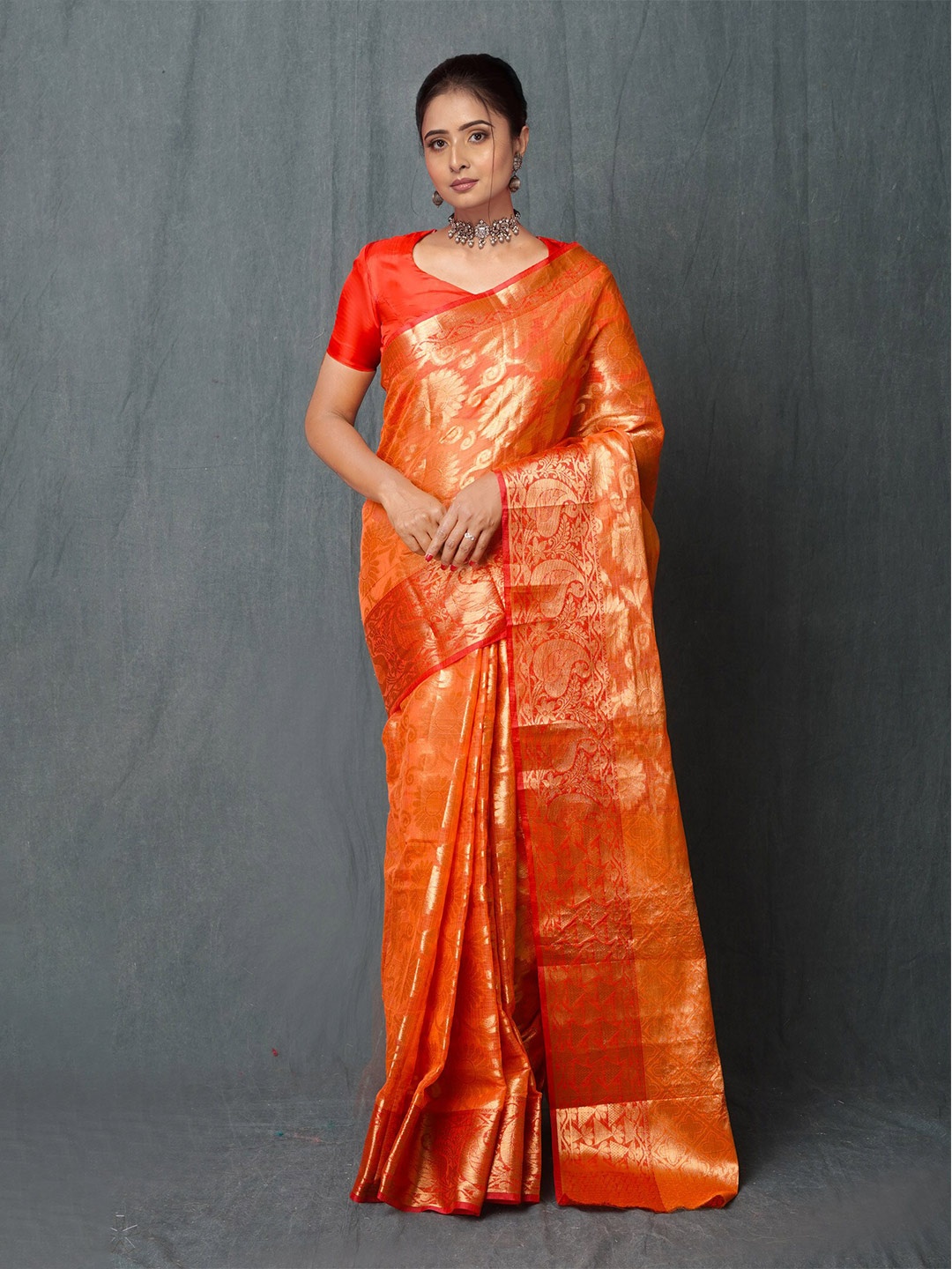 

Unnati Silks Floral Woven Design Silk Cotton Handloom Pure Banarasi Kota Saree, Orange