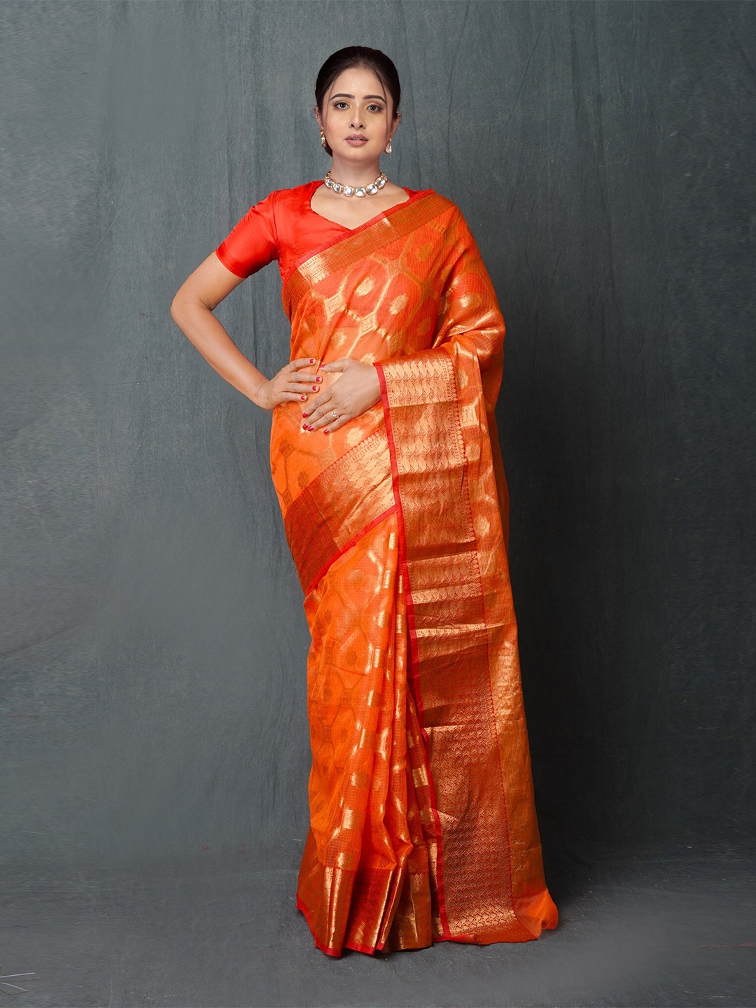 

Unnati Silks Woven Design Silk Cotton Handloom Kota Saree, Orange